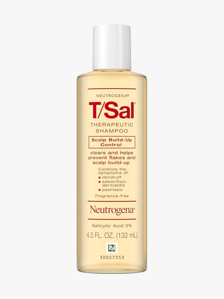 Neutrogena T/Sal Therapeutic Shampoo branded bottle component on a light gray background