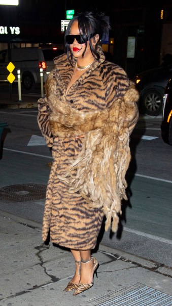 Rihanna wearing a tiger print fur coat and sunglasses