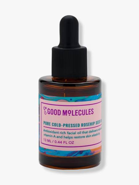 Good Molecules Pure Cold-Pressed Rosehip Seed Oil in branded dropper component on a light gray background