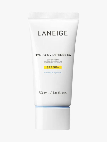 Laneige Hydro UV Defense EX Sunscreen SPF 50+ in branded component on a light gray background
